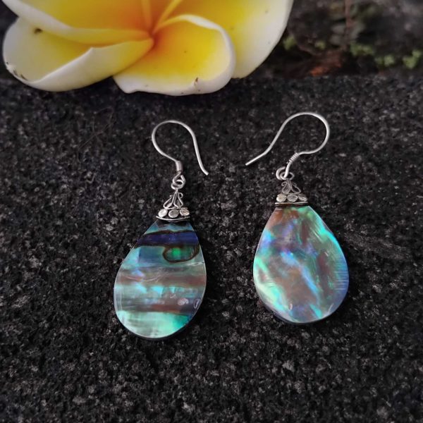 Silver earrings with paua abalone shell flat waterdrop